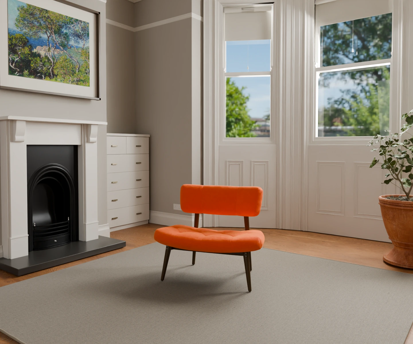 One mango velvet lounge chair in a softly lit bay-window living room